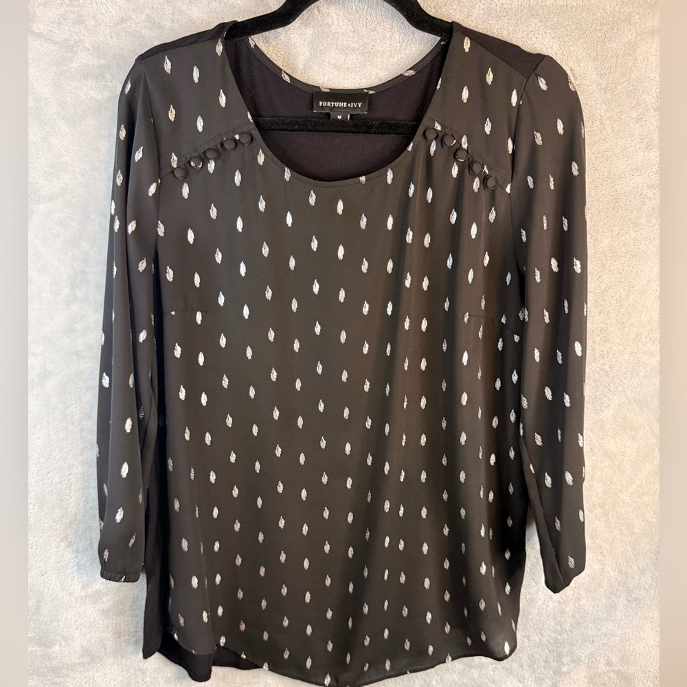 Fortune + Ivy Black Printed 3/4 Sleeve Scoop Neck Blouse